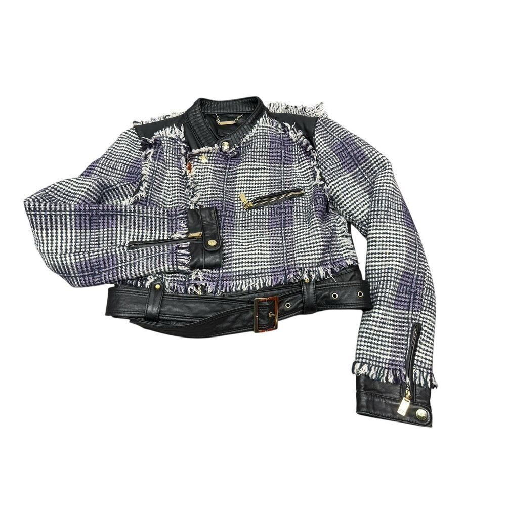 Apart Cropped Leather & Wool Blend Biker Jacket Fringe Trim sz 8 - Picture 3 of 15